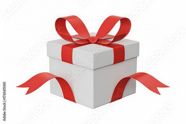 Fototapeta A white gift box adorned with a vibrant red ribbon, symbolizing celebration and thoughtful giving.