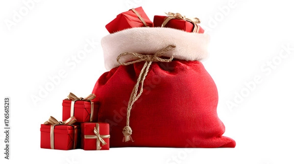 Fototapeta A santa claus red bag fullfill with christmas gift isolated on white background
