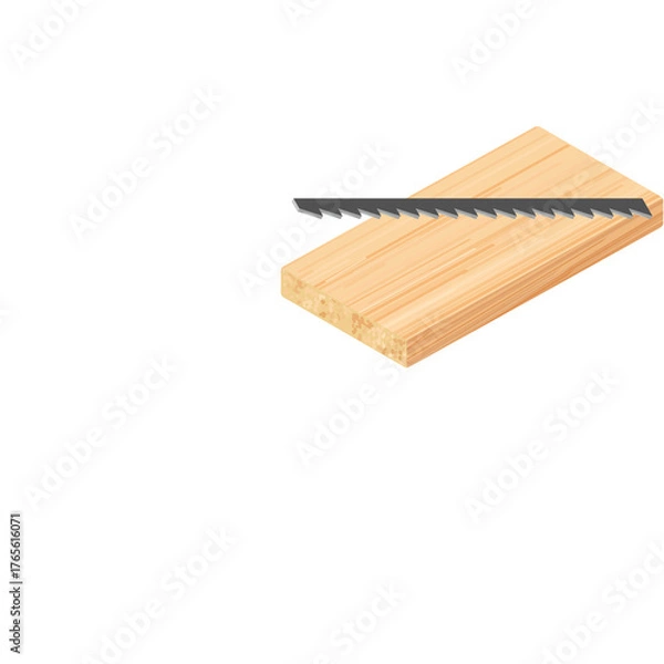 Fototapeta Close up view of a metal jigsaw blade resting on a light brown wooden plank with a white background and transparent elements