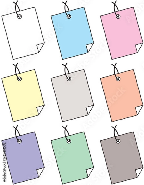 Fototapeta カラフルなメモタグセット – 9色の紙札とひも付きカード