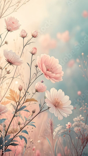 Fototapeta Delicate pink cosmos flowers bloom softly in a dreamy pastel garden creating a serene and romantic atmosphere perfect for spring and summer themes