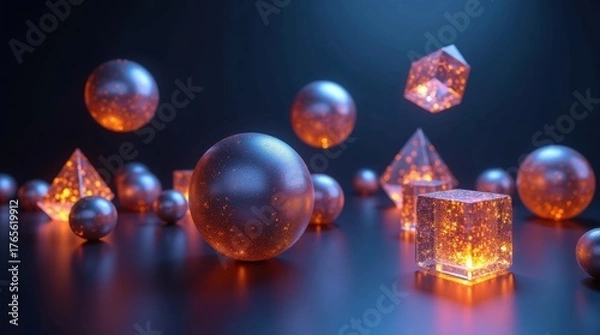 Fototapeta Stunning geometric shapes with vibrant orange glowing particles for futuristic technology design concepts