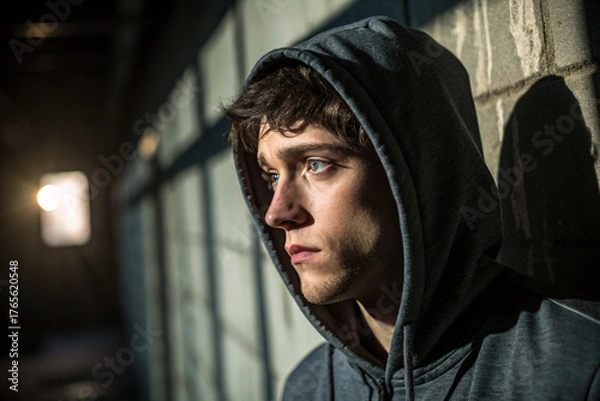 Obraz Portrait of a sad and thoughtful young man in a gray hoodie standing alone in a dark, gritty urban alleyway at night