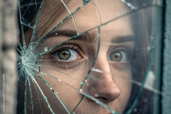 Obraz Reflecting Emotions A Woman's Gaze Through Shattered Glass