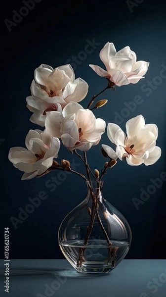 Obraz Beautiful magnolia flower arrangement in a glass vase on dark background. Spring bloom for home decor and floral design concept.