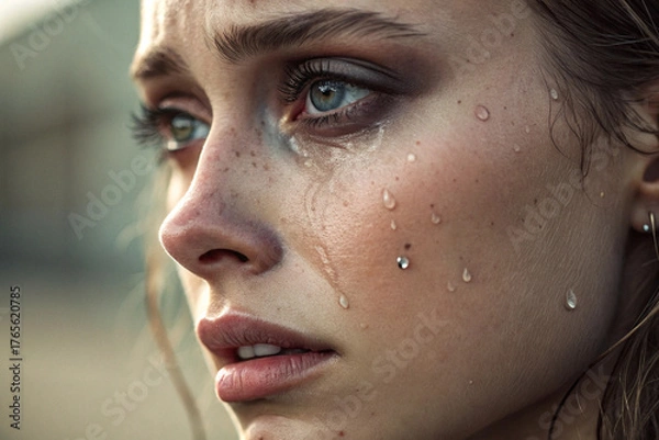 Obraz Close up of a young woman's face with tears streaming down her cheeks, reflecting emotion and vulnerability