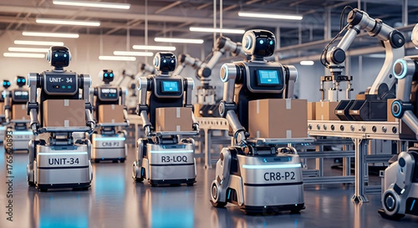 Fototapeta Advanced robotic automation in a modern warehouse environment, showcasing multiple robots transporting boxes along a conveyor belt, highlighting efficiency and technology in logistics
