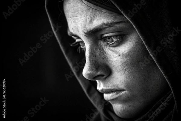 Obraz A Stark Portrait of Resilience Intense Emotion in Black and White