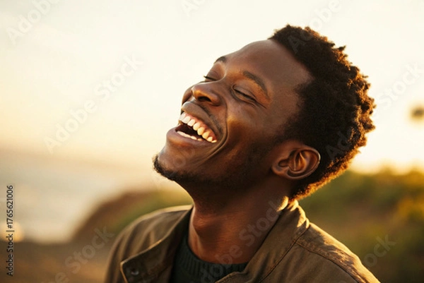 Obraz A joyful black man laughing outdoors with his eyes closed under the warm sunlight, conveying happiness and carefree emotion