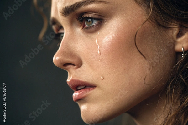 Obraz Heartbroken and vulnerable woman in profile, with tears in her eyes, captured in a moment of intense emotional pain and sorrow