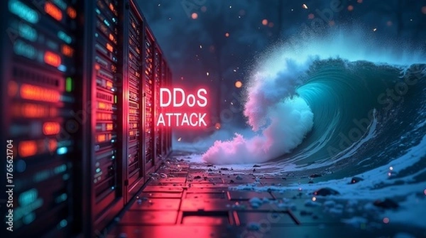 Fototapeta A dramatic visual depicting a wave crashing against server racks, emphasizing the concept of a DDoS attack.