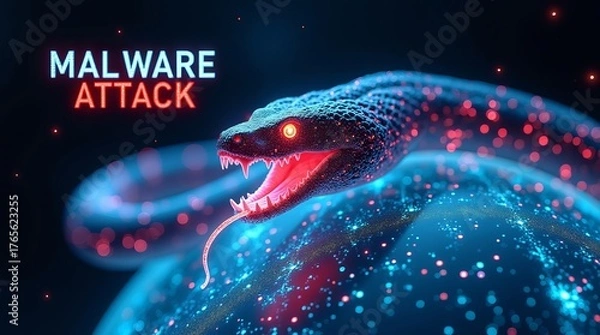 Fototapeta A stylized, futuristic snake with glowing features representing a malware attack on a digital globe.
