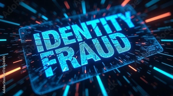 Fototapeta A dynamic depiction of 'Identity Fraud' in glowing blue and orange letters, conveying urgency and the digital threat of identity theft.