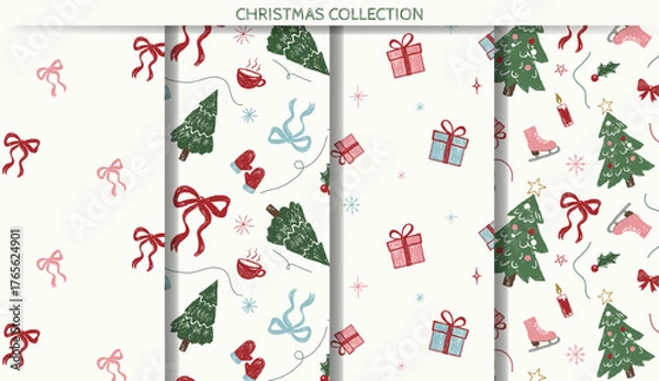 Fototapeta Set of Christmas patterns with cute chalk doodles. Xmas ornaments. Crayon style. Seamless winter backgrounds.