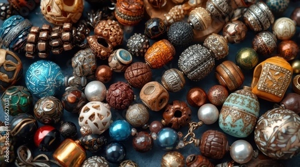 Fototapeta Exquisite collection of ornate, vintage beads and charms showcasing intricate designs and rich textures