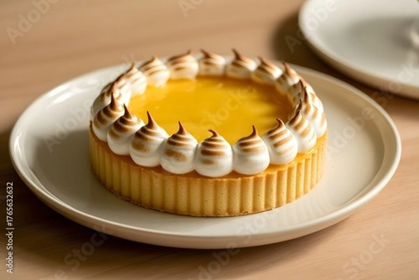 Fototapeta Gourmet Whole Lemon Meringue Tart on a White Plate with Torched Meringue Peaks and Golden Crust, Photographed with Natural Sunlight Creating Strong Shadows on a Wooden Table