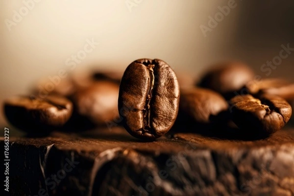 Fototapeta Close-up Macro of Single Roasted Dark Coffee Bean Centered on a Black Background with Selective Focus and Warm Lighting, Surrounded by Out-of-Focus Beans for Caffeine, Morning, or Energy Concepts