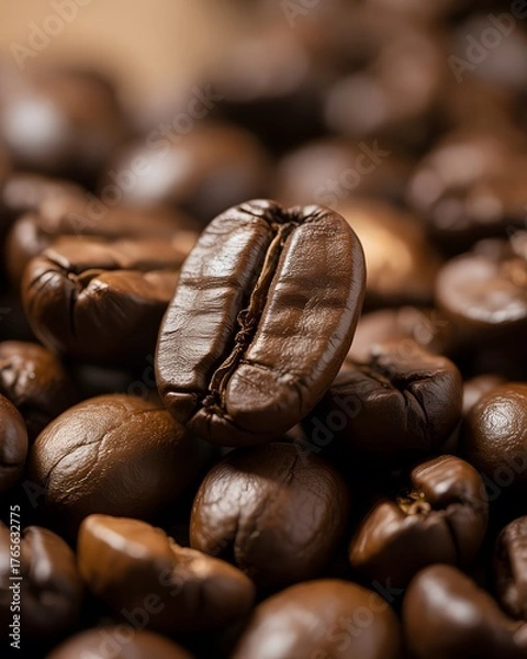 Fototapeta CloseUp Macro of Single Roasted Arabica Robusta Coffee Bean Standing Out Among a Pile of Dark Brown Beans, Illuminated by a Warm Spot of Light, Highlighting Texture for Cafe, Energy, Morning Concepts
