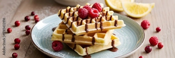 Fototapeta Golden Belgian Waffles Stacked with Chocolate Drizzle, Fresh Raspberries, and Powdered Sugar on a Plate, Garnished with Cranberries and Lemon Halves on Rustic Wooden Background for Breakfast, Dessert
