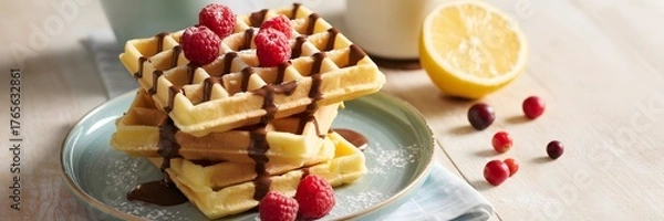 Fototapeta Golden Belgian Waffles Stacked with Chocolate Drizzle, Fresh Raspberries, and Powdered Sugar on a Plate, Garnished with Cranberries and Lemon Halves on Rustic Wooden Background for Breakfast, Dessert