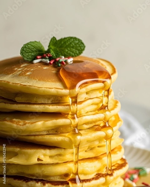 Fototapeta  Delicious Stack of Fluffy Pancakes Drenched in Golden Maple Syrup with Festive Red and Green Sprinkles, Isolated on a White Background for Breakfast, Brunch, or Holiday Food Concepts