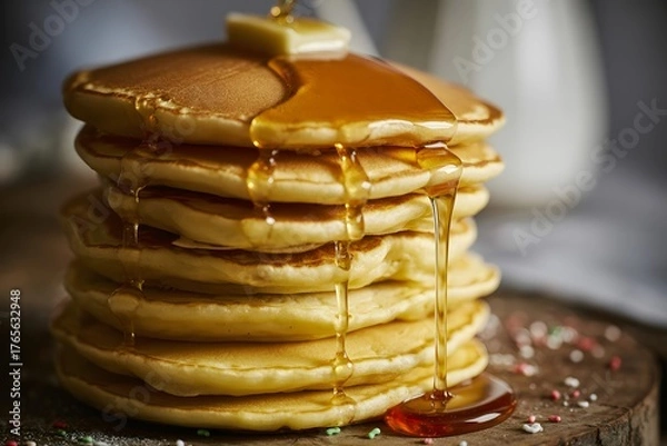 Fototapeta  Delicious Stack of Fluffy Pancakes Drenched in Golden Maple Syrup with Festive Red and Green Sprinkles, Isolated on a White Background for Breakfast, Brunch, or Holiday Food Concepts