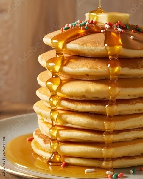 Fototapeta  Delicious Stack of Fluffy Pancakes Drenched in Golden Maple Syrup with Festive Red and Green Sprinkles, Isolated on a White Background for Breakfast, Brunch, or Holiday Food Concepts