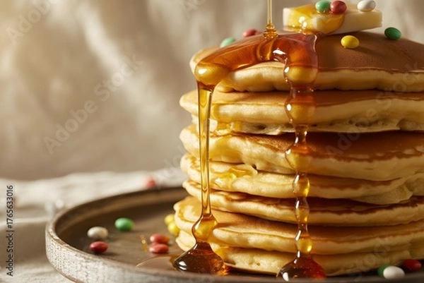 Fototapeta  Delicious Stack of Fluffy Pancakes Drenched in Golden Maple Syrup with Festive Red and Green Sprinkles, Isolated on a White Background for Breakfast, Brunch, or Holiday Food Concepts