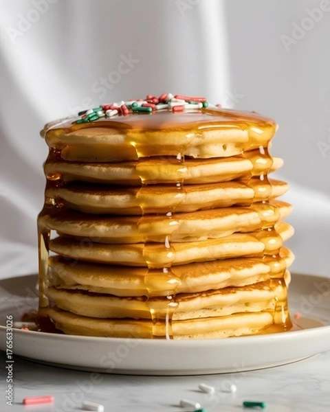 Fototapeta  Delicious Stack of Fluffy Pancakes Drenched in Golden Maple Syrup with Festive Red and Green Sprinkles, Isolated on a White Background for Breakfast, Brunch, or Holiday Food Concepts