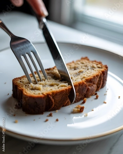 Fototapeta Slicing Freshly Baked Banana Bread or Tea Cake on a White Plate with Gold Rim, dry cake on a plate
