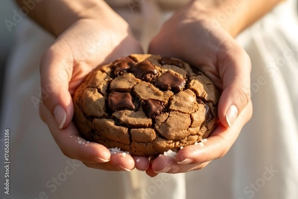 Fototapeta Pair of Hands Gently Holding a Large Dark Chocolate Sea Salt Cookie, hands holding cookies