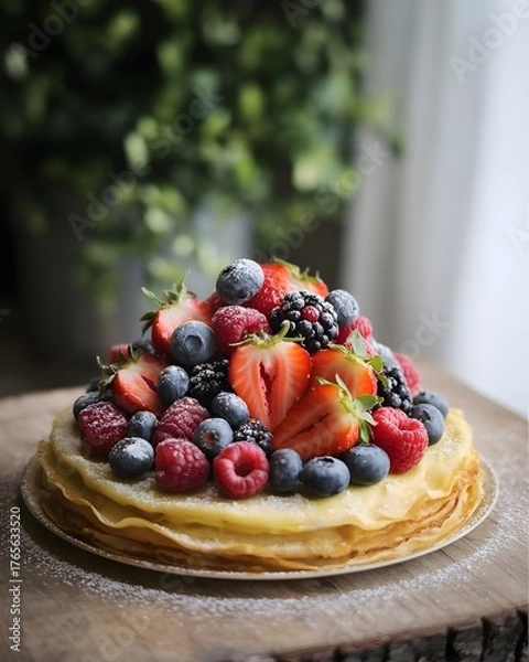Fototapeta  Gourmet Crepe Cake Stack Topped with Fresh Mixed Berries, Powdered Sugar, and Greenery Background, cake with berries