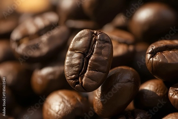 Fototapeta Extreme Close-up Macro Shot of Freshly Roasted Dark Coffee Beans with Selective Focus and Warm Lighting, roasted coffee beans