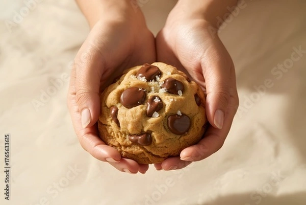 Fototapeta Pair of Hands Gently Holding a Large Gourmet Chocolate Chip Cookie with Sea Salt, hands holding cookies