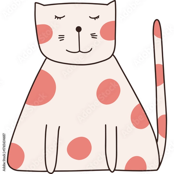 Fototapeta Charming cartoon cat with closed eyes and pink polka dots on a light cream background and transparent background simple illustration