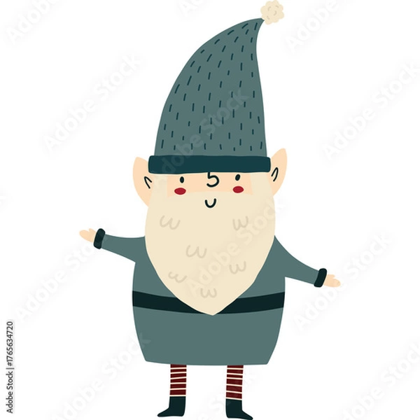 Obraz Charming Cartoon Gnome With Pointed Hat And Beard Wearing A Gray Tunic With Striped Trousers And Fuzzy Pom Pom Hat Isolated On White Background