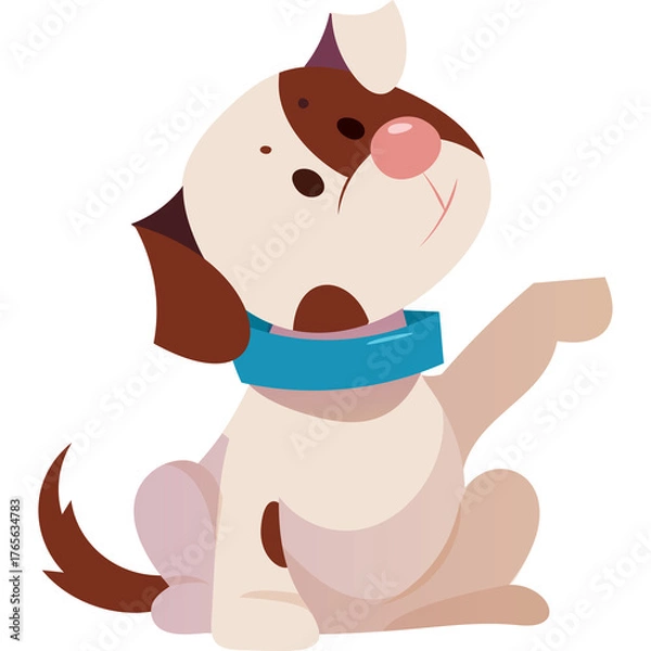 Fototapeta Charming cartoon puppy with brown and white fur wearing a blue collar sits patiently with one paw raised in a greeting gesture against a clean transparent background a delightful illustration.