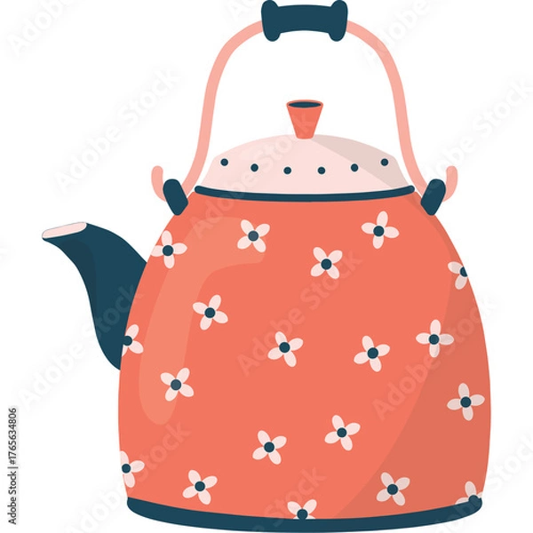 Obraz Charming coral teapot adorned with delicate white floral patterns featuring a dark blue spout and handle perfect for kitchen decor or beverage preparation