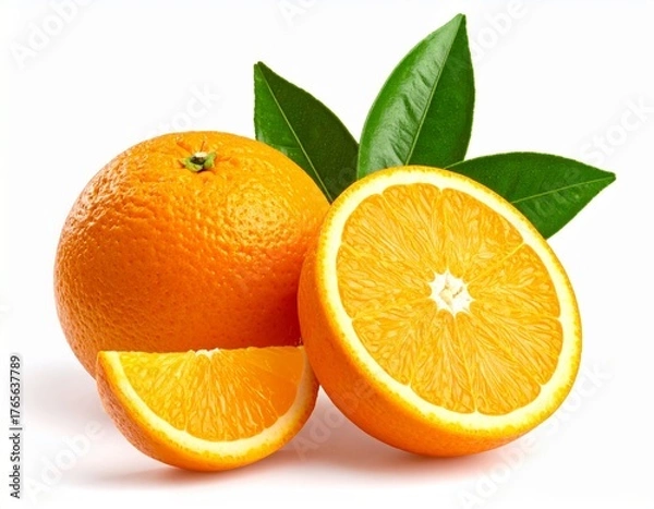 Obraz Composition of oranges and orange slices with green leaves on bright white background