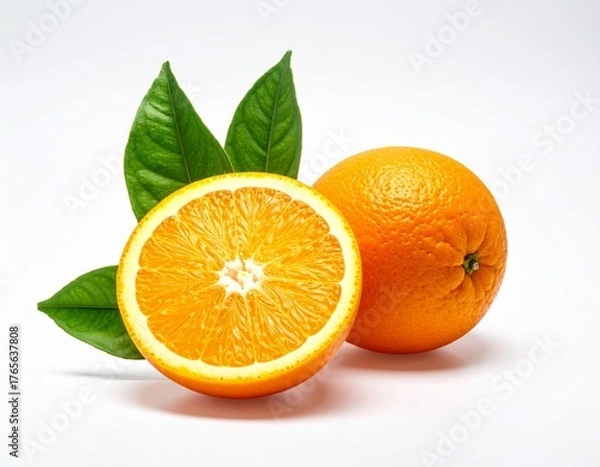 Fototapeta Composition of oranges and orange slices with green leaves on bright white background