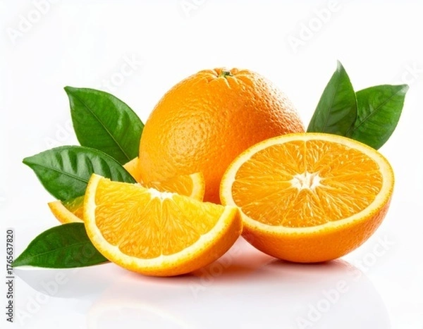 Obraz Composition of oranges and orange slices with green leaves on bright white background