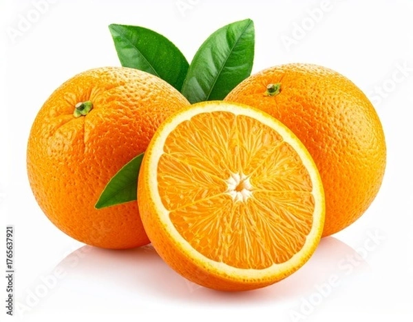 Obraz Composition of oranges and orange slices with green leaves on bright white background