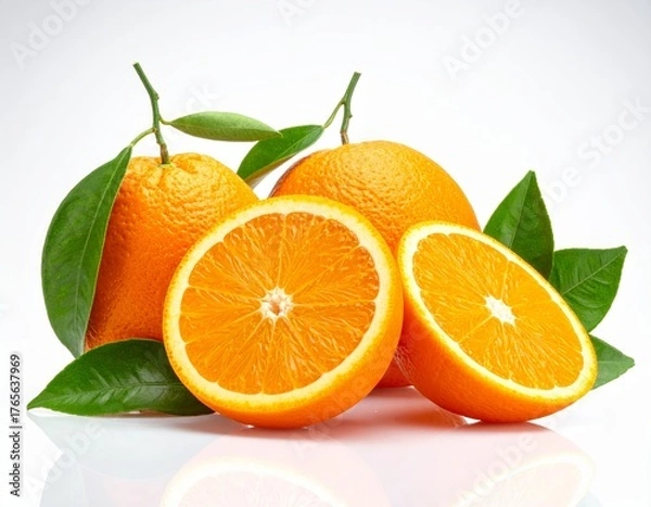 Fototapeta Composition of oranges and orange slices with green leaves on bright white background