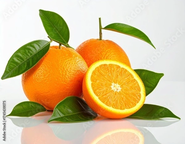 Obraz Composition of oranges and orange slices with green leaves on bright white background