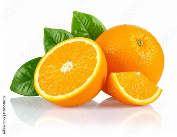 Fototapeta Composition of oranges and orange slices with green leaves on bright white background