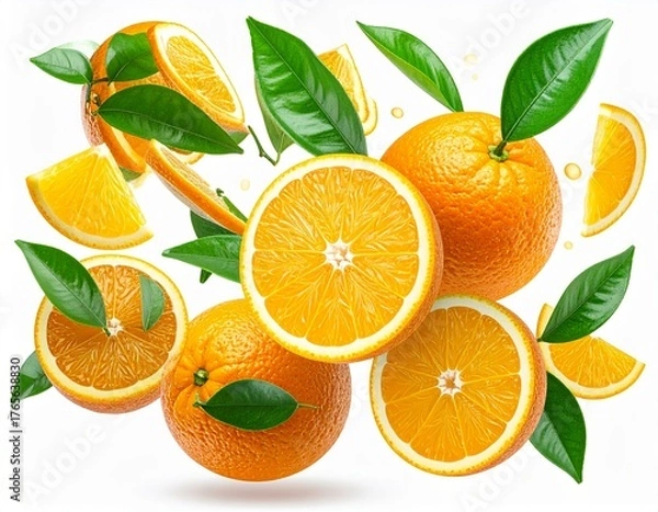 Obraz Floating harmony of oranges, slices and leaves