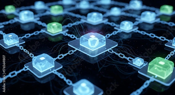 Obraz Abstract digital network with glowing nodes and connections, representing data flow and technology.
