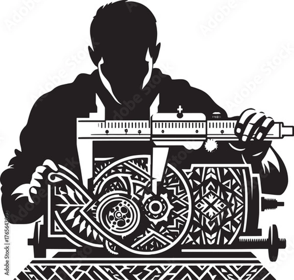 Fototapeta Silhouette of a man using a caliper to measure a detailed mechan