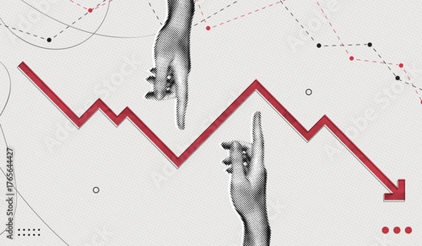 Fototapeta Trendy Halftone Collage Pointing hand and red arrow going down. Financial problems business failure. Falling trading market. Crisis and despair. Investment losses. Contemporary vector illustration art