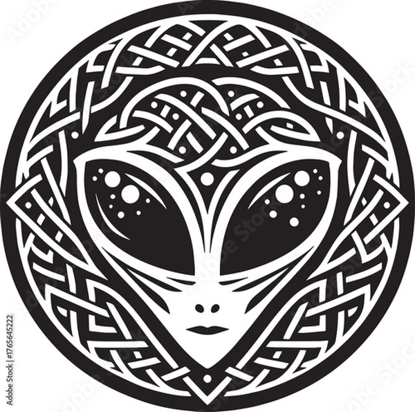 Fototapeta Intricate Black and White Alien Head Design Within a Celtic Knot